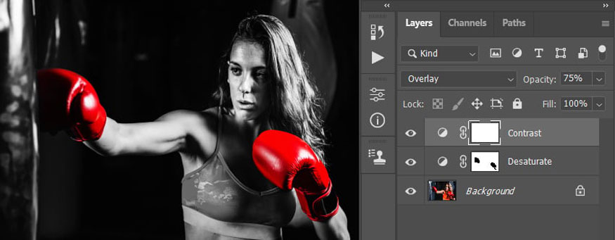đổi Blending Mode của layer này thành Overlay và đặt Opacity thành 75%. 