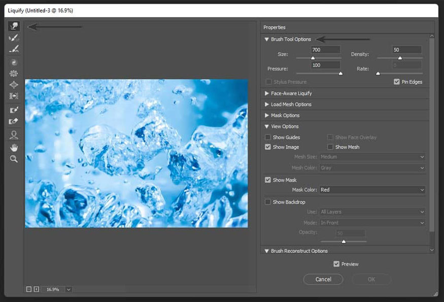 Filter => Liquify (Shift+Ctrl+X) sau đó chọn Forward Warp Tool