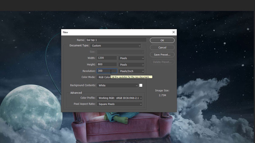 Tạo file mới trong photoshop