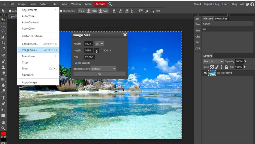 dùng image size trên photopea