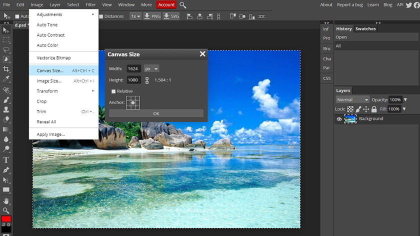 canvas size trên photopea