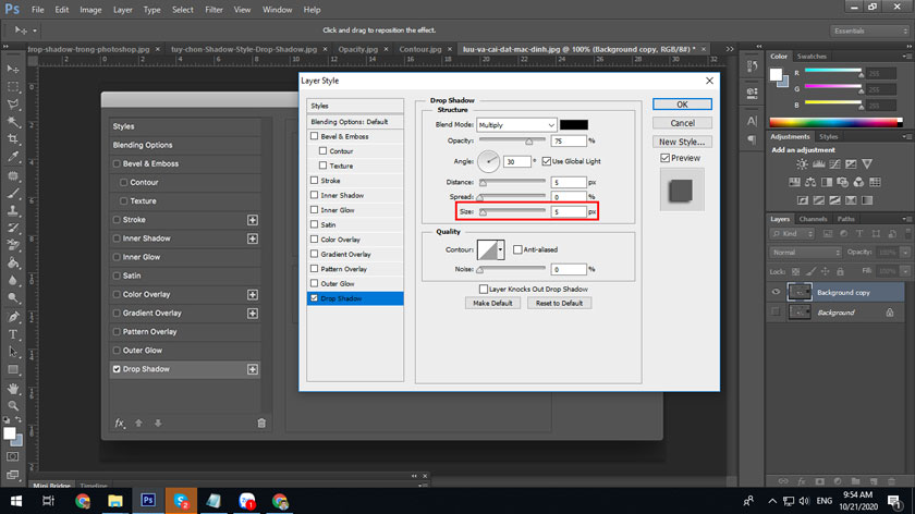 Size drop shadow