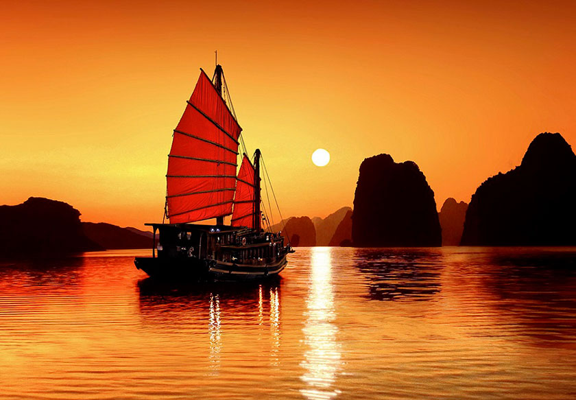 hoàng hôn trên vịnh hạ long