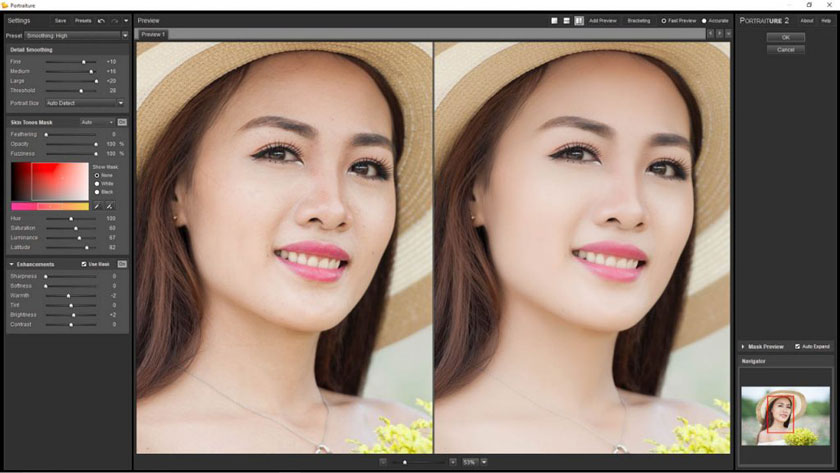 Chỉnh preset để tăng hoặc giảm độ mịn của da